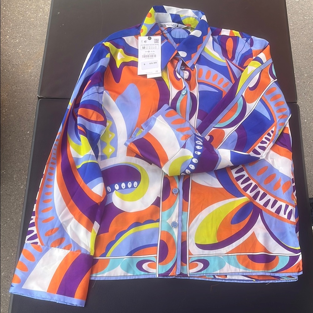 Zara Blue and Orange Blouse Elegant Top